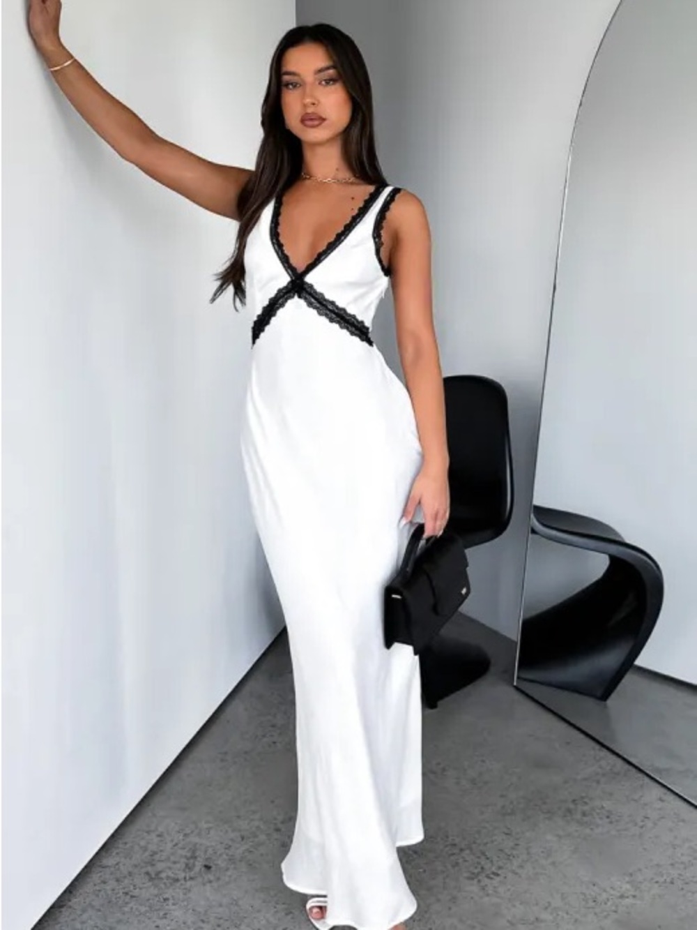 White Fox Boutique White Maxi Dress with Black Lace Accents - Picture 4 of 4